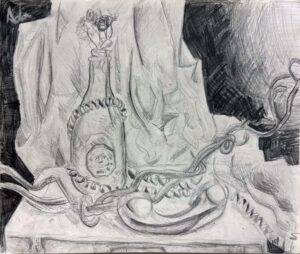 A drawing of a table with a glass bottle and some food.