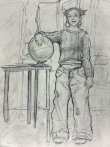 A pencil drawing of a person standing next to a table
