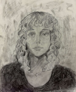 A drawing of a woman with curly hair.
