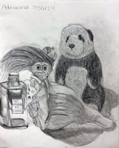 A pencil drawing of a teddy bear and a doll
