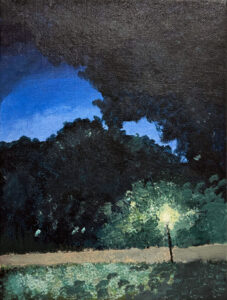 A painting of trees and a field with a light