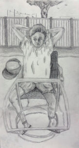 A pencil drawing of a boy with his arms raised