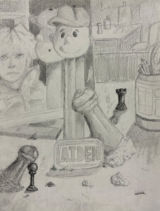 A pencil drawing of a person holding a giant candy bar.