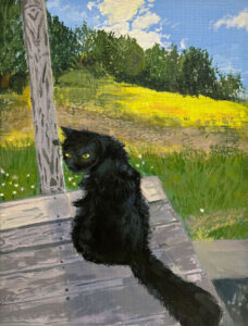 A black cat sitting on top of a wooden bench.