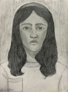 A drawing of a woman with long hair.