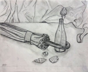 A drawing of an umbrella and bottle on the table
