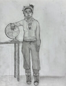 A pencil drawing of a person standing next to a fan