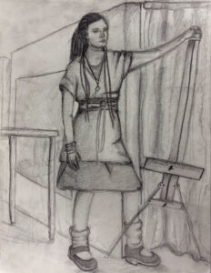 A pencil drawing of a woman in a dress
