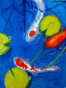 A painting of koi fish swimming in the water