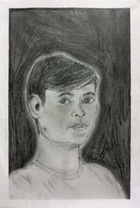 A black and white drawing of a young man.