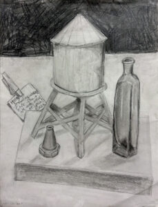A drawing of a water tower and some bottles