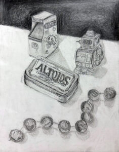 A pencil drawing of an altoids tin and other items.