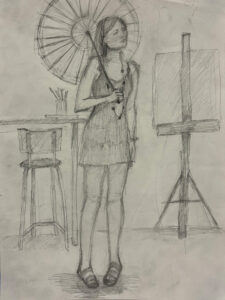 A woman holding an umbrella standing in front of a painting.