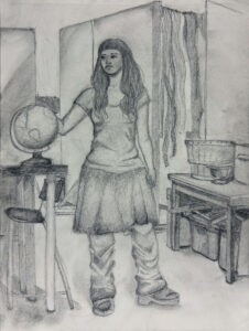 A pencil drawing of a girl in a room