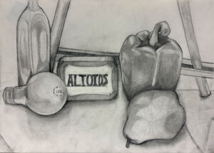 A drawing of an apple, pepper and onions.