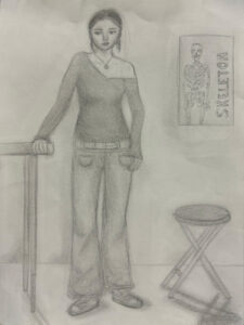 A pencil drawing of a woman standing in front of a stool.