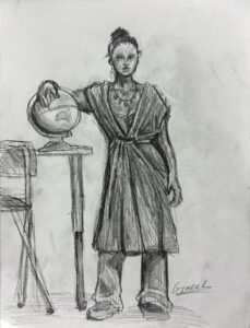 A drawing of a person holding a bowl
