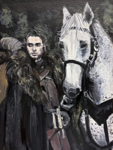 A painting of jon snow and his horse.