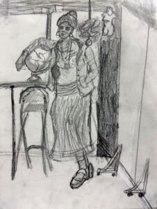 A drawing of a woman in an old fashioned dress