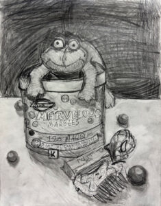 A pencil drawing of a frog in a can