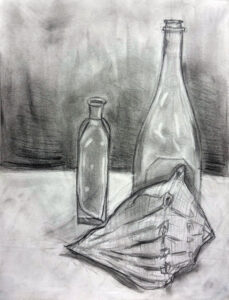 A drawing of two bottles and an umbrella.