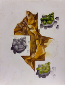 A painting of grapes and leaves on paper.
