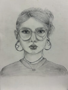A pencil drawing of a woman wearing glasses.