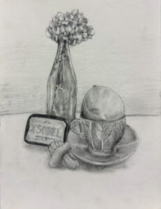 A drawing of a cup and saucer next to a bottle.