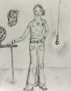 A pencil drawing of a woman standing in front of a projector.