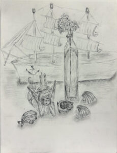 A drawing of a boat and some shells