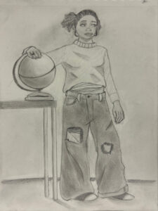 A pencil drawing of a boy standing next to a globe.
