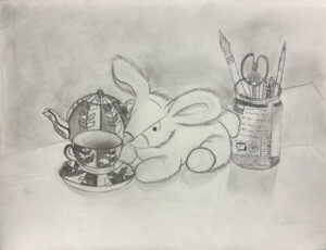 A drawing of an elephant and tea pot