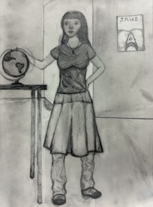 A pencil drawing of a woman standing next to a globe.