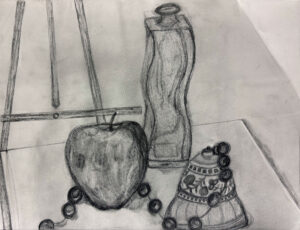 A drawing of an apple, bottle and other objects.