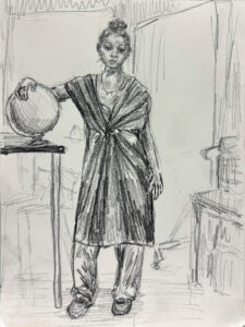 A drawing of a person standing in front of a globe
