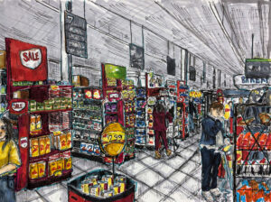 A painting of people in a store