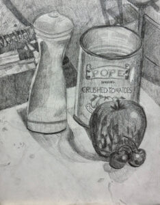 A pencil drawing of an apple and other fruits.