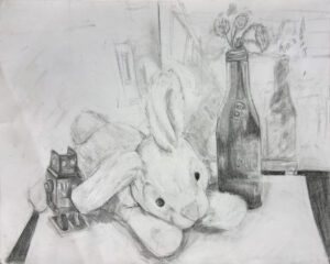 A drawing of a stuffed animal and a bottle