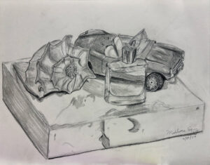 A drawing of a car and a glass