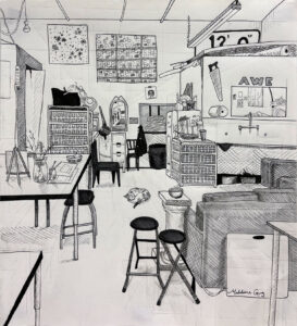 A drawing of a room with furniture and chairs.