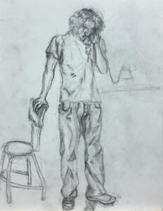 A man standing next to a stool and talking on the phone.