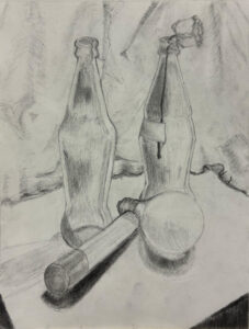 A pencil drawing of two bottles and a knife