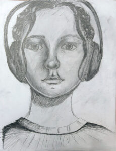 A pencil drawing of a girl with headphones on.