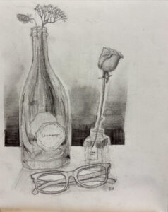 A drawing of glasses and bottles with a rose.