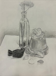 A drawing of a glass bottle, fish and a purse.