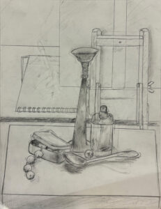 A pencil drawing of a vase and other objects