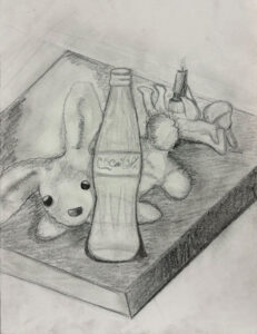 A drawing of two stuffed animals and a bottle