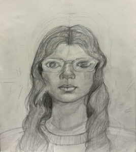 A pencil drawing of a woman wearing glasses.