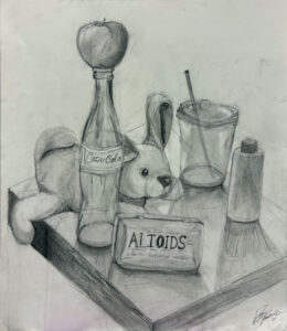 A drawing of a table with a bottle, glass and teddy bear.