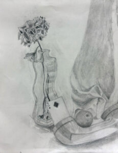 A drawing of a vase and flower in it